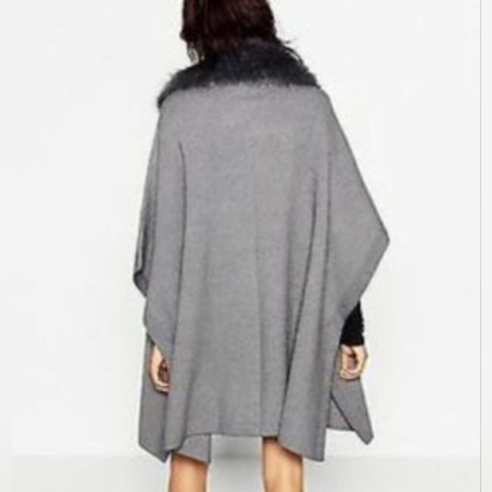 ZARA Coat Jacket Fur Collar Knit Cape Poncho Faux Coat Jacket - Picture 4 of 8